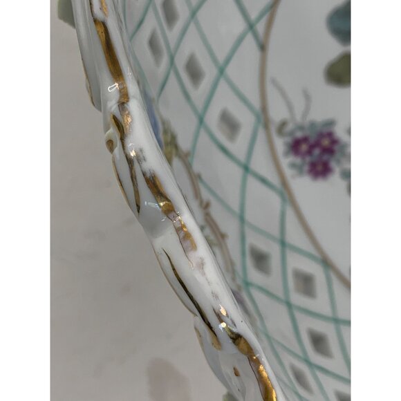 Antique Large Porcelain Floral Footed Centerpiece Bowl encrusted Rose & Leaf - Picture 15 of 16